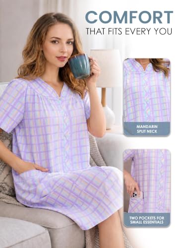 Image of Casual Nights Women's Snap - Front House Dress Short Sleeve Woven Housecoat Duster Lounger Robe with Pockets