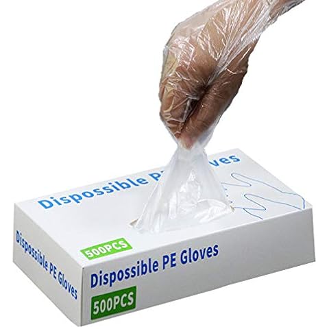 Jorlyen 500 Pcs Disposable Plastic Gloves Latex Free Powder Free Clear Protective Hand Polyethylene Glove for Cooking, Cleaning, Food Handling, Household Cleaning, Hair Dye and  Perm,One Size Fits All Cover