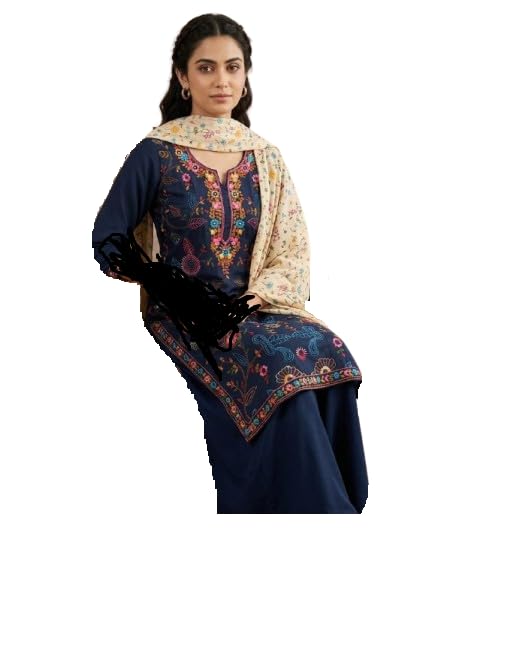 Women's Navy Blue Floral Embroidered Kurta with Palazzo and Dupatta-image-37