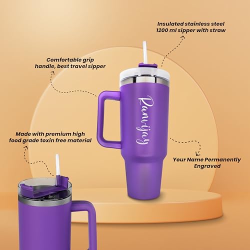 Image of SAVRI Customized Tumbler with Name, 1200 ML Stainless Steel Travel Mug with Straw, Lid & Handle, Personalised Sipper Water Bottle for Women, Men & Girls, Anniversary Birthday Gift for Office & Gym Use