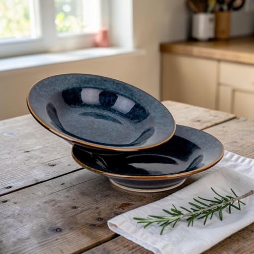 Image of Premium Pasta Plates, Ceramic Plates for Pasta, Large, Round & Deep Dish, Microwave & Dishwasher Safe, Handmade Stoneware, Elegant Tableware, Rustic Blue, 9 Inch, Set of 2