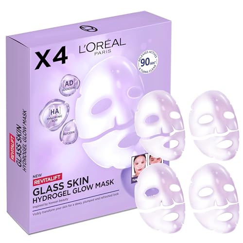 L'Oréal Paris Revitalift Filler Glass Skin Mascarilla Facial Hidrogel Iluminadora, Piel Jugosa y Radiante. Tratamiento rellenador, Ácido Hialurónico, Glicerina, Extracto Centella Asiática, Pack de 4