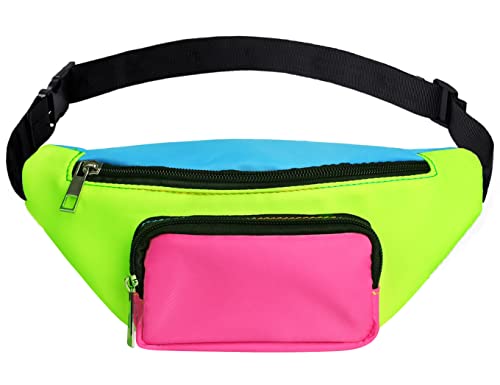 Three Pockets Neon Retro 80s Fanny Pack for Women Men Travel Festival Theme Party Vintage Rave Accessories Plus Size Belt Bag