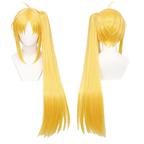 maysuwell Anime Character Yellow Goden Cosplay Wig for Women Long Straight Costume Synthetic Hair Wig with Ponytail Bangs Game Role Perfect for Halloween Cosplay Anime Con