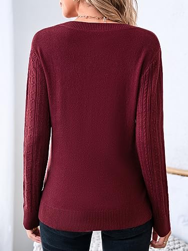 Imily Bela Pullover für Damen Herbst Langarm,V-Ausschnitt,Schulterfrei,Leichter Ausgehöhlt Crochet Strickpullover(Weinrot,S)