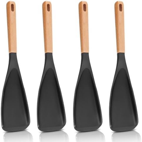 4 Pcs Cooking Spoon for Nonstick Cookwares, Heat Resistant Silicone Spatula Spoon, Wood Handle Spoon Utensils for Cooking, Serving, Mixing, Scooping and Scraping (12 Inch, Black)