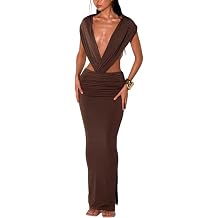 Women Deep V Twist Cutout Maxi Dress Ruched Waist Slit Bodycon Club Dress