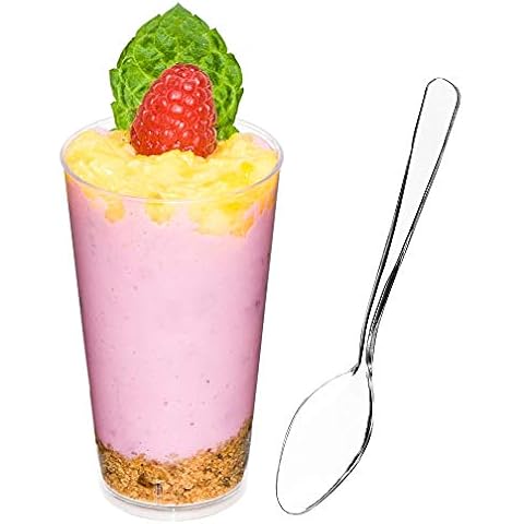 DLux 50 x 3 oz Mini Dessert Cups with Spoons, Shooter - Clear Plastic Parfait Appetizer Cup - Small re-usable Shot Glass for Tasting Party Shooters Desserts Appetizers - with Recipe Ebook Cover