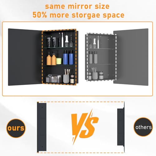 Image of Black Medicine Cabinet with Mirror, 15x20 Inch Bathroom Mirror with Storage, Waterproof Metal Recessed and Surface Mount Medicine Cabinets, Stable and Removable 2 Glass Shelves, Easy Installation
