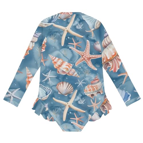Girls One Piece Swimsuits Long Sleeve Swimsuit Zipper Bathing Suits Starfish Conch Blue Ocean2