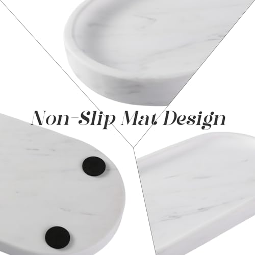 Image of Koville White Marble Oval Tray for Bathroom Countertop, 10 inch x 5 inch Natural Marble Vanity Trays, Stone Perfume Organizer Tray for Decor, Jewelry Dish Perfume Trays for Dresser
