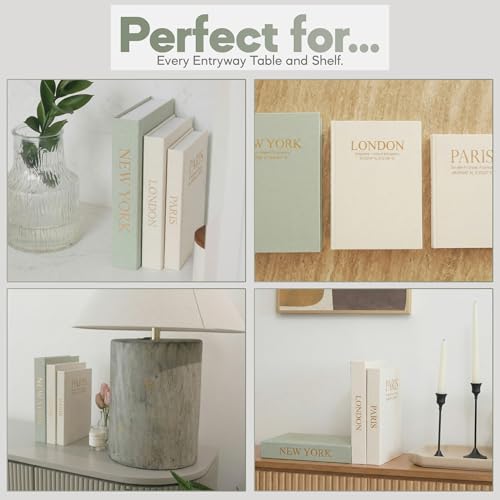 Image of Faux Book Storage Box Set of 3-Green /Beige /Beige-Decorative Faux Books with Hidden Storage for Coffee Table Decor, Bookshelf or Mantle-Linen Decorative Boxes-Aesthetic Book Decor for Home