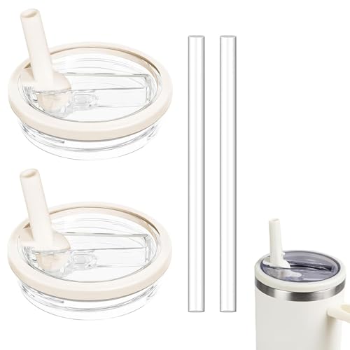 2 Pack 30 oz Replacement Tumbler Flip Straw Lid fit for Stanley Quencher, Leak Proof Lid Replacement for 30 OZ Stanley-H2.0 FlowState Tumbler, Spill Proof Reusable Lid (Beige)
