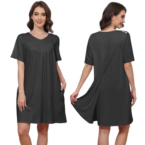 Image of Hospital Gowns for Women Open Back Tear Away Snap Post shoulder Dress Short Sleeve Soft Adaptive Clothing with Pockets