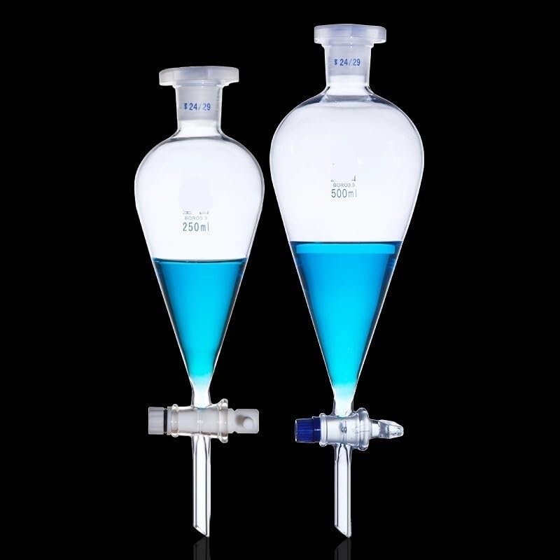 Embudo de Decantación de Vidrio Borosilicato Forma de Pera con Junta 24/29 Llave de PTFE y Soporte de Acero Inoxidable (60ml 125ml 250ml 1000ml 2000ml)(500ml Glass piston-24#)