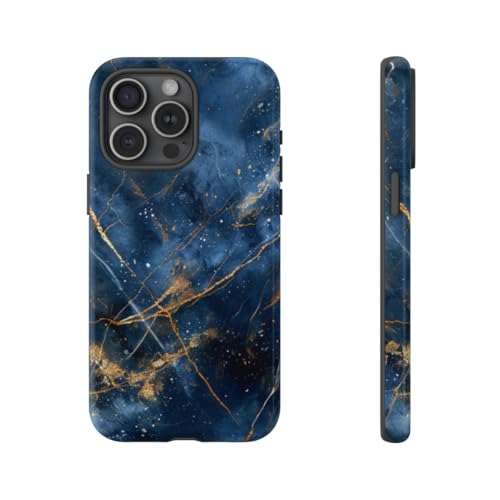 Coque iPhone 15 Pro Max rigide marbre bleu or premium