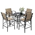 VONZOY 5 Pcs Patio Bar Set Textilene Fabric Chairs with Bar Height Table with Tempered Glass Top, All-Weather Outdoor Furniture for Garden, Balcony -Brown