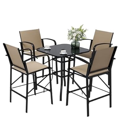 VONZOY 5 Pcs Patio Bar Set Textilene Fabric Chairs with Bar Height Table with Tempered Glass Top, All-Weather Outdoor Furniture for Garden, Balcony -Brown