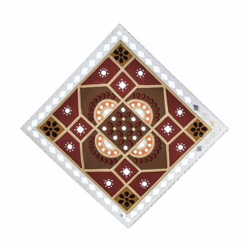 Image of Ethnics of Kutch Traditional Kutch Handicraft Mud-Mirrorwork Lippan Kam Wall Art (Water and Break Resistant) - Square (12 inch x 12 inch) - (White - LKT-0237)