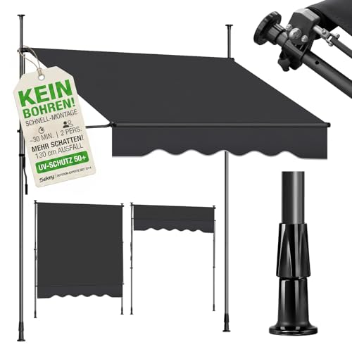 Sekey Klemmmarkise 300 cm breit, Markise Balkon ohne Bohren mit Handkurbel, 130 cm Ausfall, 0-90° neigbar, UV-beständiger Sonnenschutz & wasserdicht (280g/m²), für Balkon, Terrasse & Garten, Anthrazit
