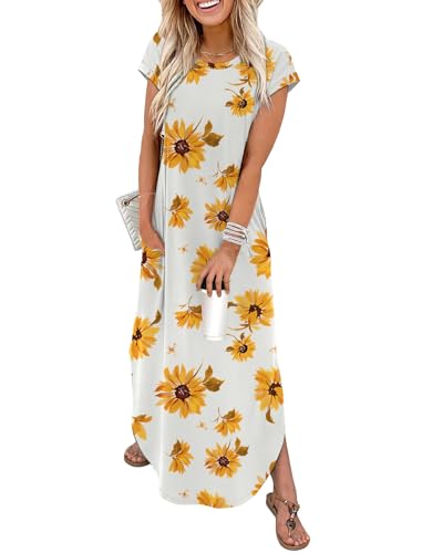 WIHOLL Summer Dresses for Women Beach Vacation Clothes Cruise Resort Wear Outfits 2026 Trendy Flowy Midi Dresses for Women Maxi Dresses for Seniors Sundresses Spring Dresses Sunflower Print XXL