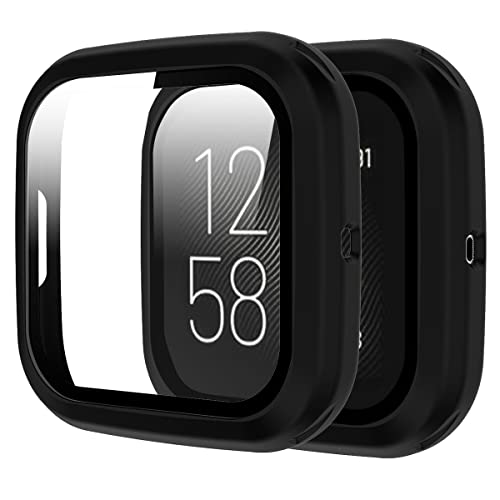 Rc-Z Screen Protector Case for Fitbit Versa 2, Hard Matte PC Bumper Full Face Glass Protective Cover for Fitbit Versa 2 Smartwatch, Black