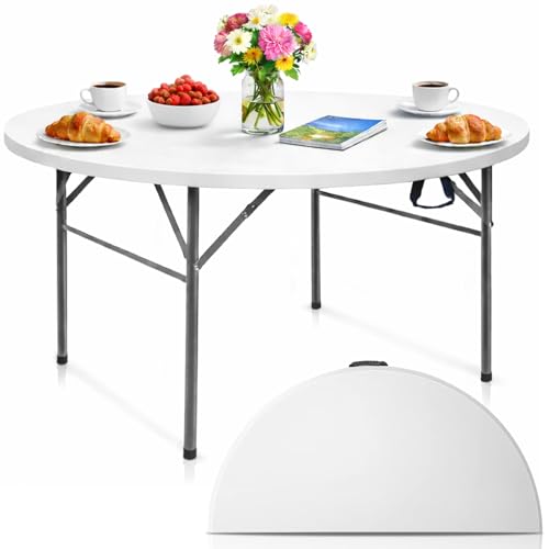 EconoHome 4 Ft Round Portable Folding Table – Heavy-Duty White Plastic, Seats 6, Folding for Space-Saving Storage & Transport – Ideal for Indoor/Outdoor Dining, Parties, Events, and More