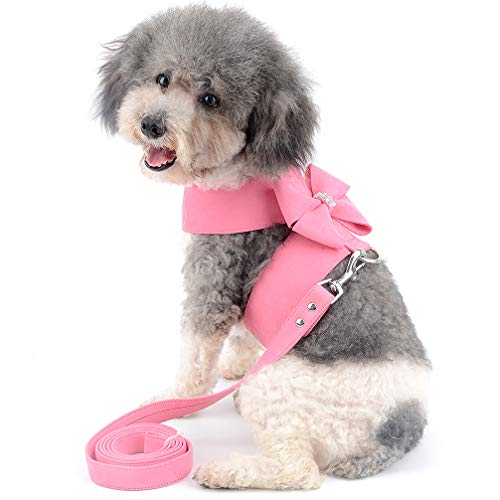 Ranphy Hundegeschirr aus Wildleder mit glitzernden Strasssteinen, kein Ziehen, mit Schleife, weiche Haustierweste mit Leine, verstellbar, für kleine Hunde, für Spaziergänge, Training, Wandern, Rosa,