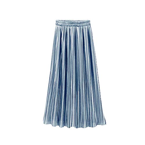 Woman Metallic Shiny Shimmer Accordion Maxi Skirt Pleated Long Maxi Elastic Waist Retro Skirt (Silver, One Size)