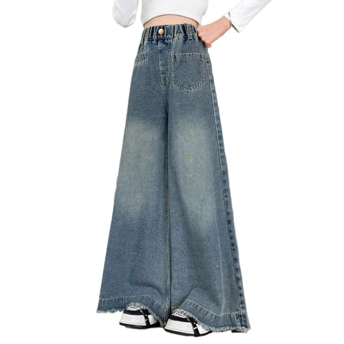 Girls Wide Leg Jeans Elastic Waist Frayed Raw Hem Baggy Jeans Trendy Hip Hop Denim Pants Streetwear 5-13 Years