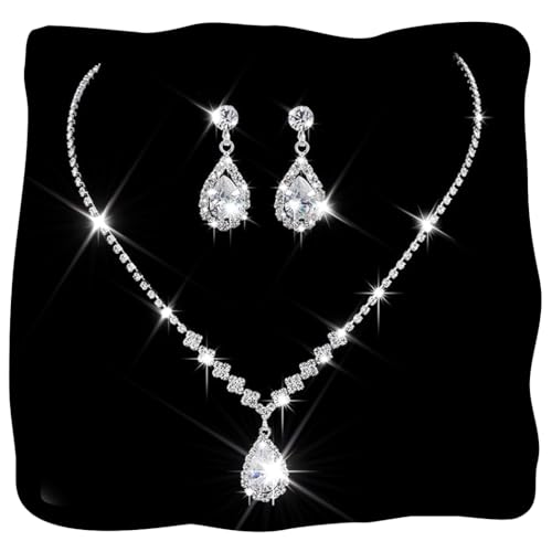 Unicra Rhinestone Necklace Earrings Set Silver Bridal Wedding Jewelry Sets Prom Bridesmaids Costume Jewelry Set for Women and Brides (A-Silver)