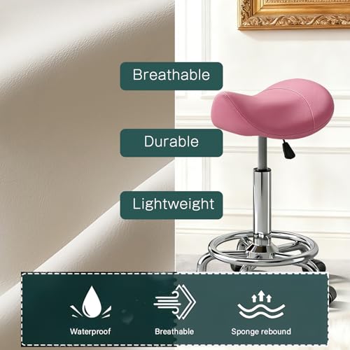 Image of Saddle Stool with Wheels, Adjustable Rolling Stool Chair with Back Support, Ergonomic PU Leather Saddle Chair for Salon, Massage, Tattoo, Medical, Spa, Office (Pink, 1PCS)