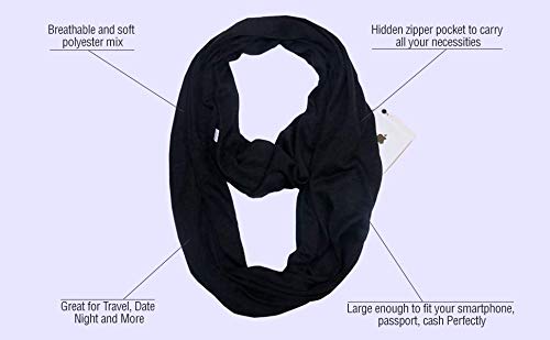 Clever Travel Companion Infinity Scarf With Zipper Pocket - Women's Fashion Scarves Travel Wrap For Fall Winter | Neck Scarfs 100% Pickpocket Proof Holiday Tour Travel Scarf (Black) #TOP4