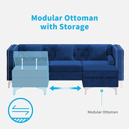 Image of 3 Seater Chesterfield Sofa with Chaise Lounge, Couches for Living Room, L-Shaped Couch with Storage Ottoman, Sectional Couch for Small Living Room, ((Velvet Blue)