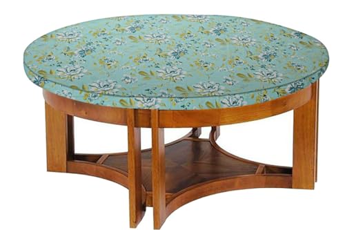 Image of The Furnishing Tree Elastic Cotton Round Center Table Cover 24x24 in Inches Floral Golden Leaf on Blue Base