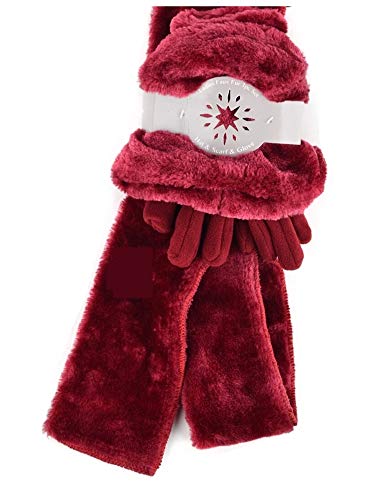Women's Plush Burgundy Faux Fur and Fleece 3 Piece gloves scarf Hat Winter Set