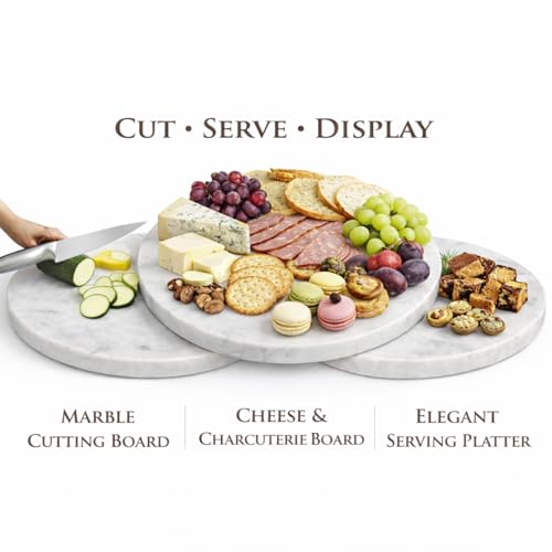 Image of Round Marble Cheese Tray, White, 11x11x0.5 Inches | Multi-Purpose, Cutting Board, Non-Slip Feet, Scratch Protection, Easy To Clean