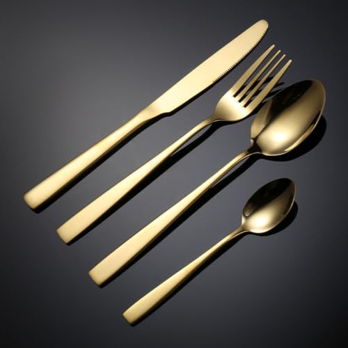 Image of Clovis Stainless Steel Flatware Set 4 Pieces, Titanium Plated Mirror Finish, Cutlery Set for 1 with Knife Fork Spoon and Teaspoon, Gold