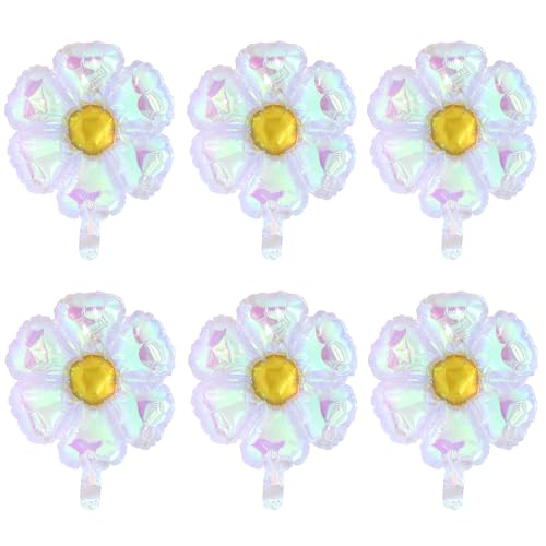 Image of Iridescent Crystal Daisy Flower Balloon, Lovely 6 Pack Transparent Rainbow Groovy Daisy Floral Balloons For Bridal Shower Wedding Birthday Baby Shower Gender Reveal Party Decoration Supplies