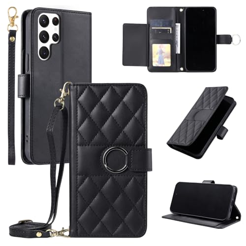Coque Samsung S23 Ultra portefeuille pliable étui cuir noir verre protection