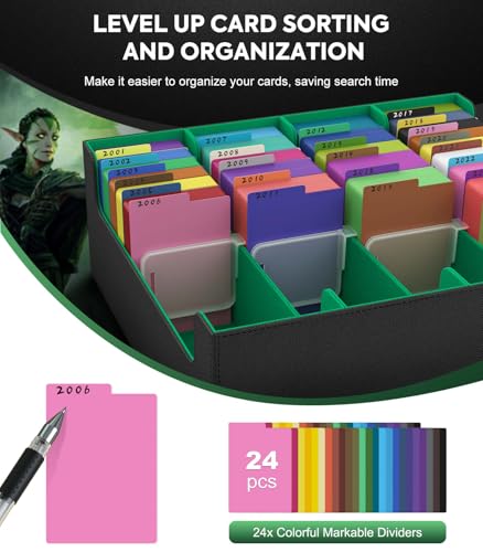 Image of MoKo Trading Card Storage Box, 3000+ MTG Deck Box with 24 Colorful Dividers & 4 Card Supporters, Commander Card Deck Case Fits for Magic Game Cards, YugiOh, TCG, PTG and Sport Cards, Green
