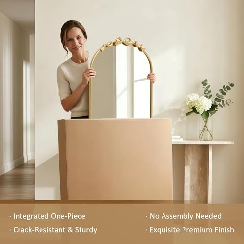 Image of Besdomus Bow Arched Gold Mirror: 22 inchx30 inch Gold Antique Vanity Wall Mounted Mirror - Vintage Baroque Traditional Ornate for Bedroom /Bathroom /Makeup Vanity - Wall Decor for Teen Girl