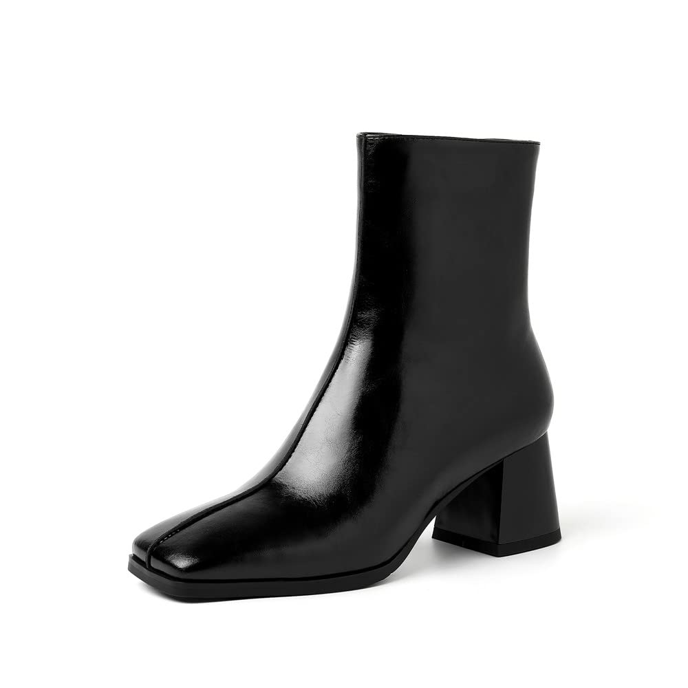 TinaCus Women's Genuine Leather Square Toe Handmade Zipper Mid Chunky Heels Trendy Booties