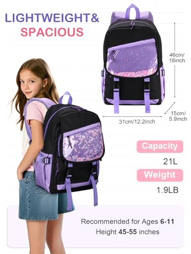 VASCHY Backpack for Girls, Cute Elementary School Bag Bookbag for Primary Schooler Kids with Sparkling Sequin Clear Pocket Black Purple2