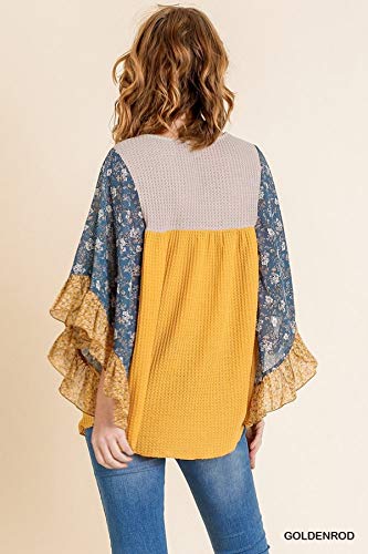 Umgee Women's Floral Mixed Print Dolman Sleeve Waffle Knit Top (Small, Goldenrod) #TOP3