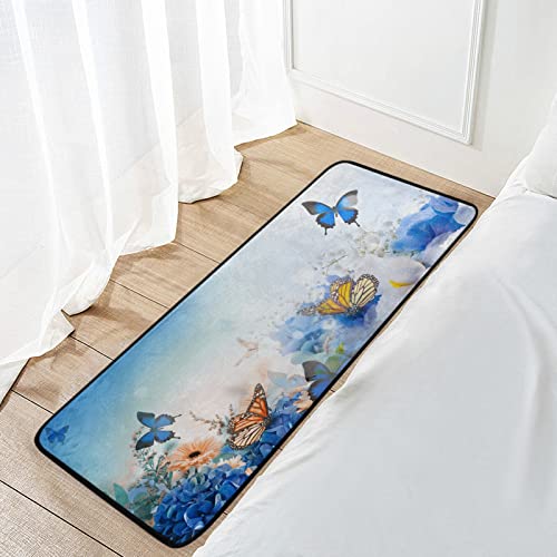 Slhkpns Kitchen Mat Blue Flower Butterfly Non-Slip,Spring Nature Floral Kitchen Rugs Comfort Runner Doormat 39X20 Inch Soft Floor Mat For Home Decor, Blue Butterfly #TOP6
