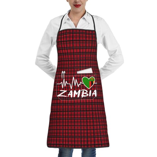 nopicsn Zambia Heartbeat Apron for cooking with Pockets Women Men Kitchen Chef Funny Aprons