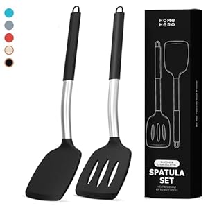 Home Hero Silicone Spatula Set with Ergonomic Handles – Stainless Steel High Heat Resistant Solid & Slotted Turner, BPA Free Non Stick Kitchen Utensils Set – Rubber Spatula for Eggs (Black)