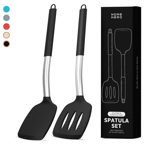 Home Hero Silicone Spatula Set with Ergonomic Handles – Stainless Steel High Heat Resistant Solid & Slotted Turner, BPA Free Non Stick Kitchen Utensils Set – Rubber Spatula for Eggs (Black)