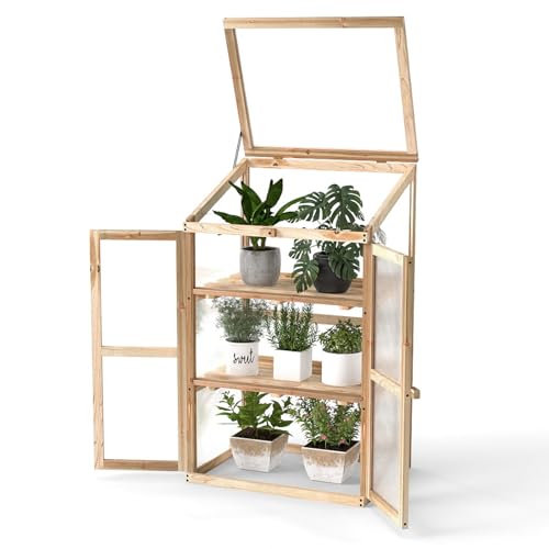 Image of GiantexUK Mini Wooden Greenhouse, Garden Cold Frame with 2 Doors and Skylight, Portable Outdoor Vegetable Flower Plant Growhouse